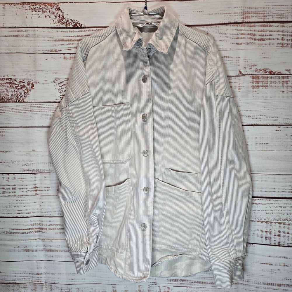 ZARA Striped Light Purple Denim Button Jacket‎ Pockets Women Oversized Large